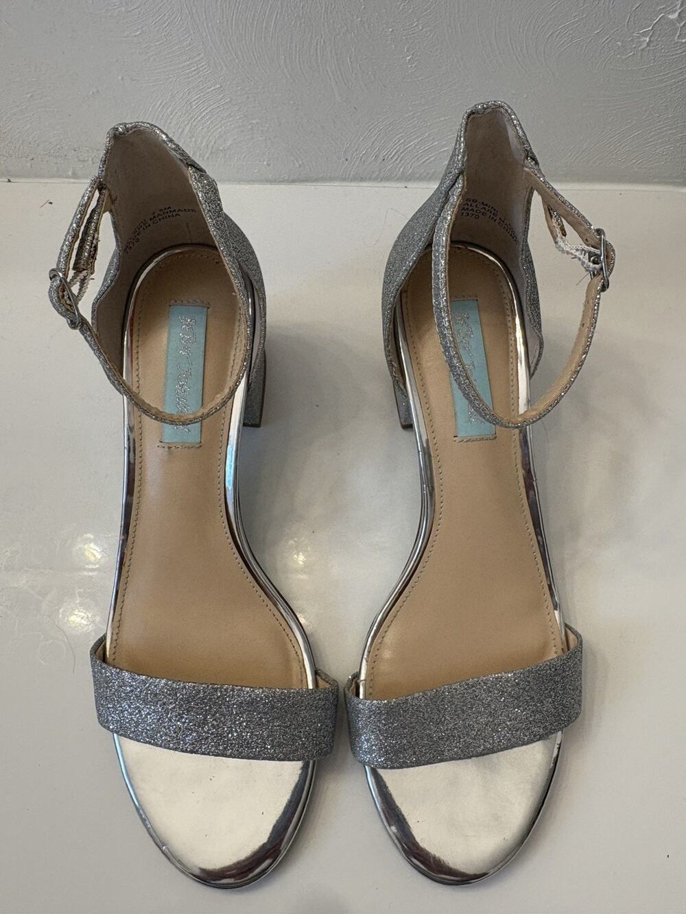 Betsy Johnson Silver Embellished Ankle Strap Open Toe Block Heel Women’s 7.5 M